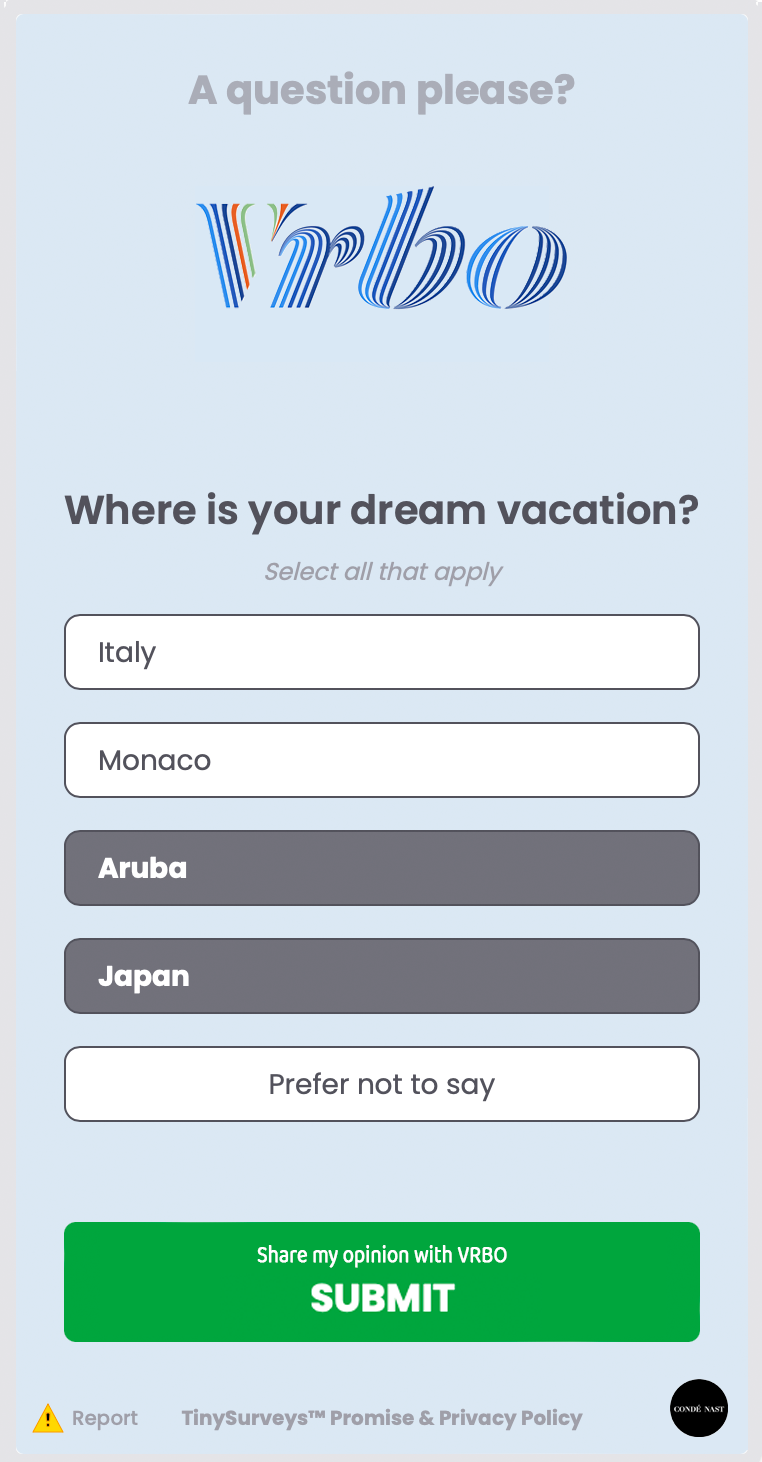 Vrbo - Multiple Choice Survey Example